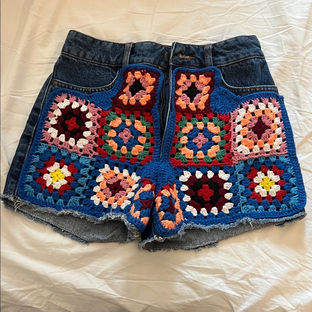 Farm Rio Colorful Crochet Patchwork Denim Shorts